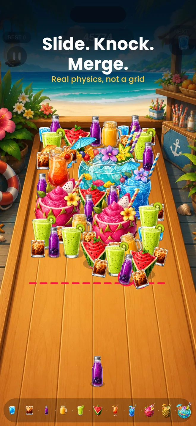 Drink Merge gameplay — a dense board of drinks mid-collision with the tagline Slide. Knock. Merge.