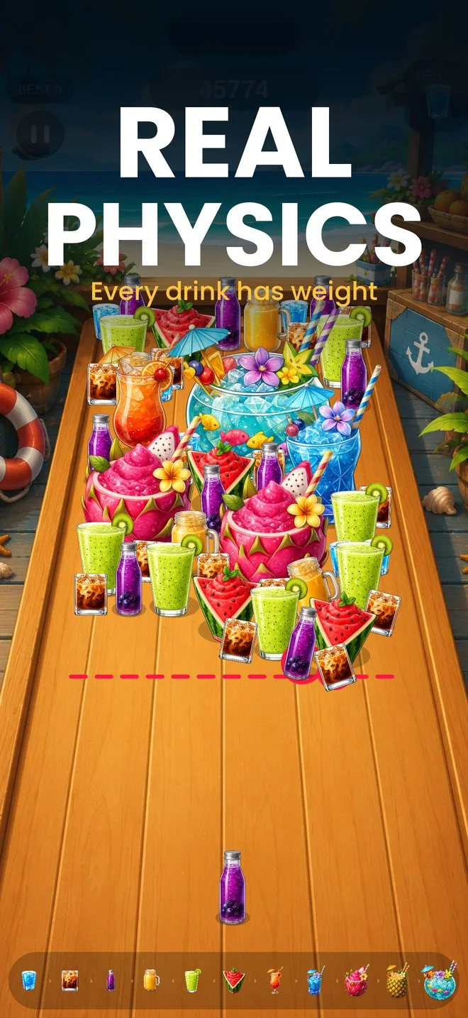 Real physics — every drink has weight, glasses shoving each other across the table