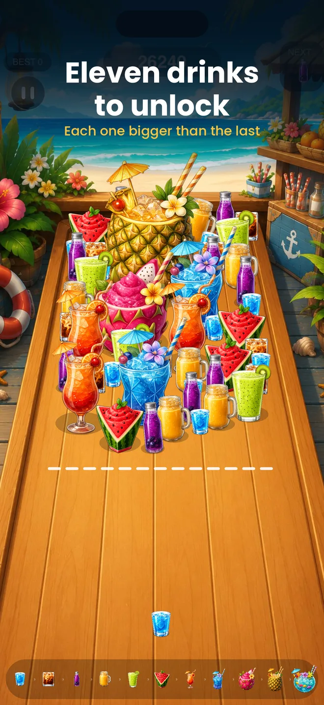 Eleven drinks to unlock — the drink ladder topped by the pineapple, each one bigger than the last