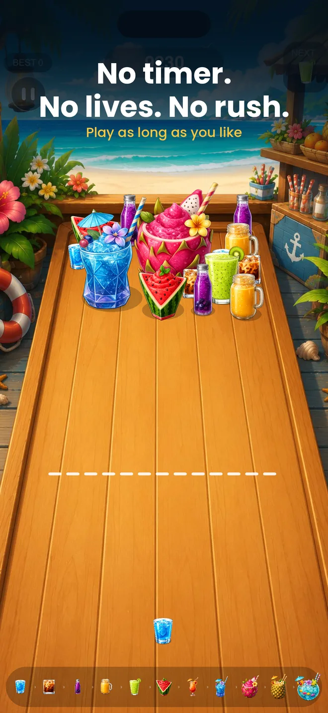 No timer, no lives, no rush — a calm board with a few big drinks