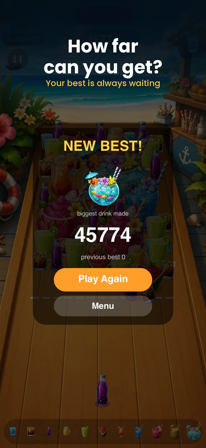 New best score screen showing the biggest drink made and a Play Again button